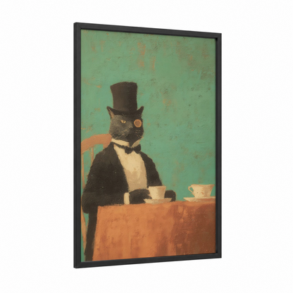 Dapper Cat Elegance framed vintage fashion print — black wood frame — light green and orange palette