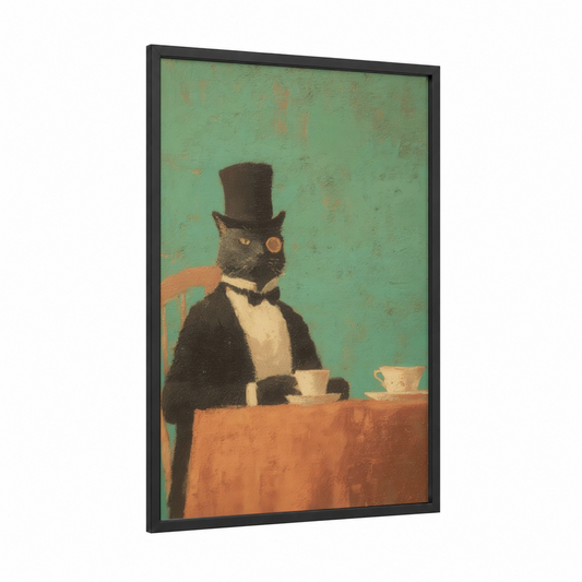 Dapper Cat Elegance framed vintage fashion print — black wood frame — light green and orange palette