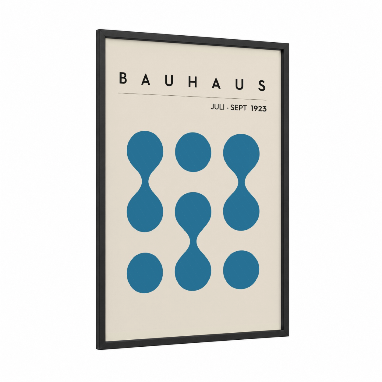 Bauhaus Circles framed abstract geometric print — black wood frame — blue and cream palette