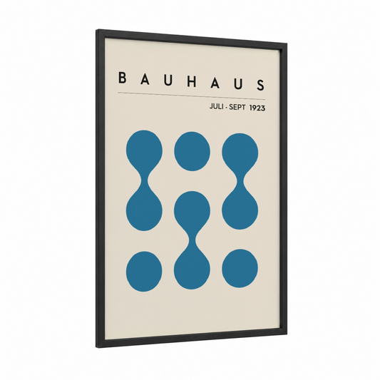 Bauhaus Circles framed abstract geometric print — black wood frame — blue and cream palette
