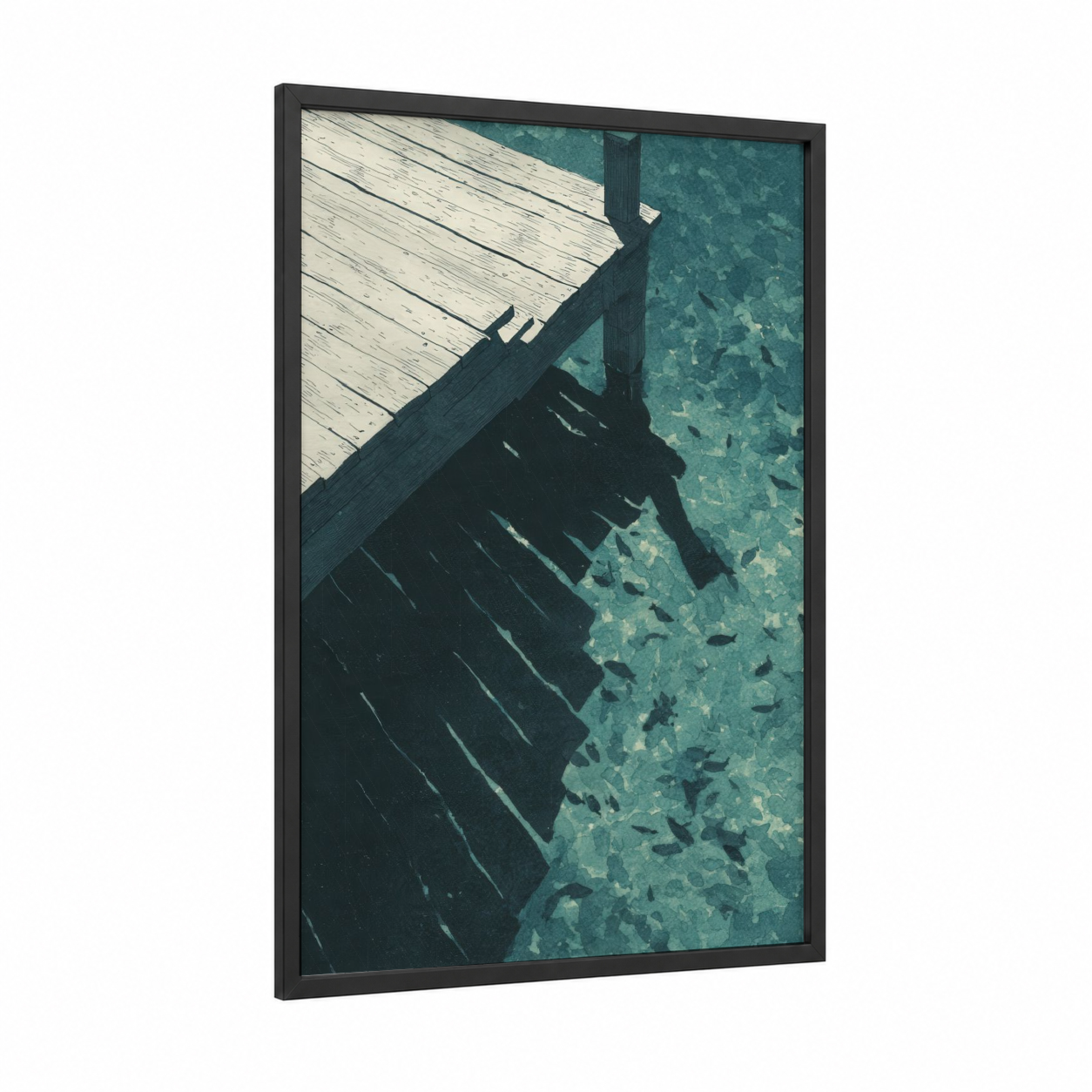 Peaceful Dock framed docks and piers print — black wood frame — teal and gray and white palette