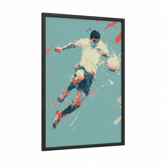 Dynamic Soccer Player framed art for boy print — black wood frame — bermuda gray and red palette