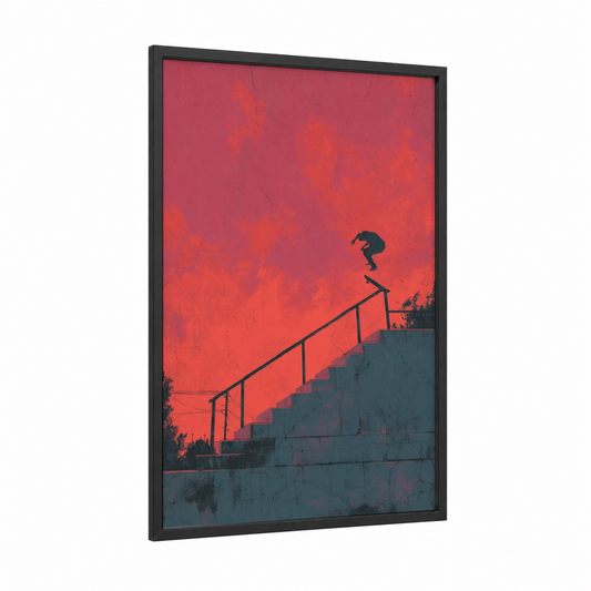 Sunset Skateboarder framed skateboarding print — black wood frame — red and black palette