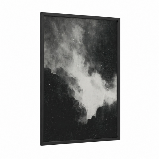 Cosmic Nebula framed art print — black wood frame — black and white and white palette