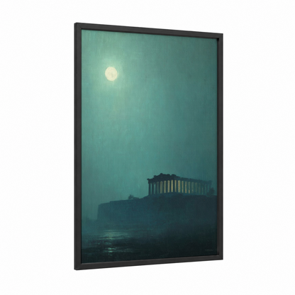 Moonlit Parthenon framed art print — black wood frame — teal and black and white palette