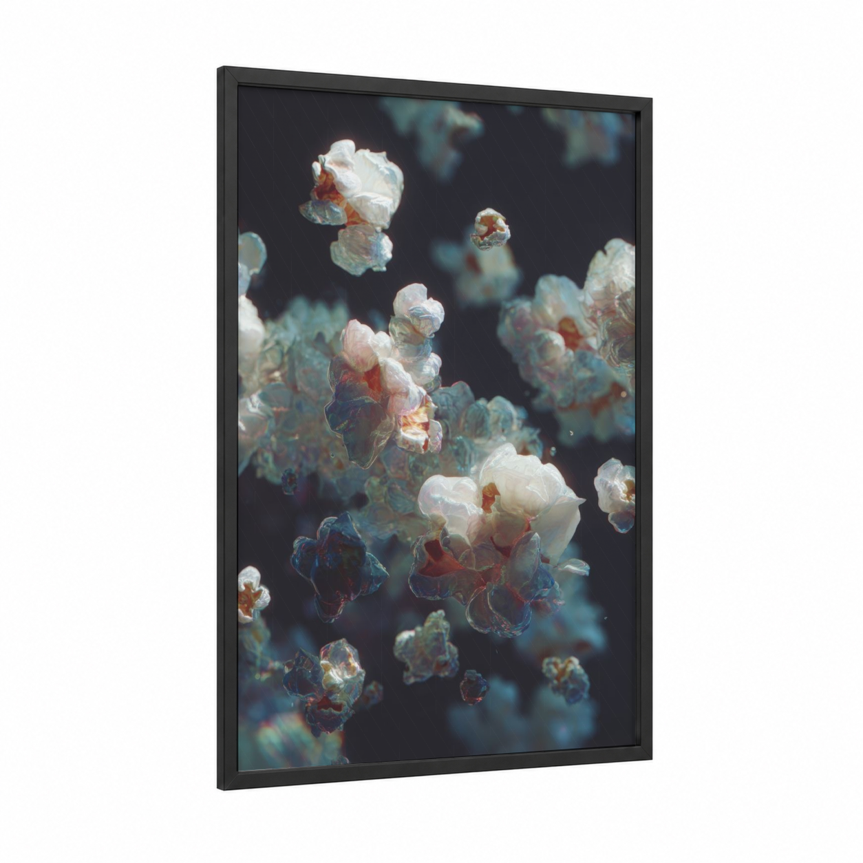 Crystalline Popcorn framed art print — black wood frame — white and teal palette