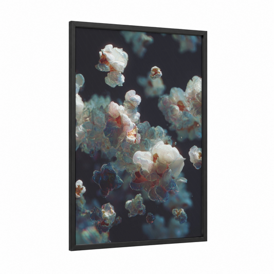 Crystalline Popcorn framed art print — black wood frame — white and teal palette