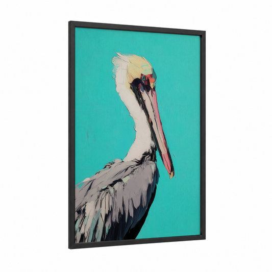 Turquoise Pelican framed art print — black wood frame — turquoise and white palette
