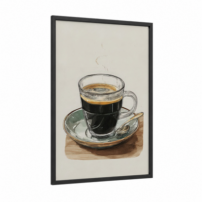 Steaming Coffee Cup framed art print — black wood frame — sage green and black palette