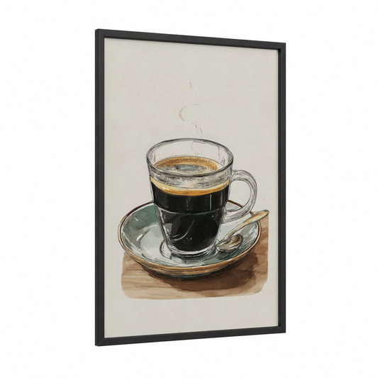 Steaming Coffee Cup framed art print — black wood frame — sage green and black palette