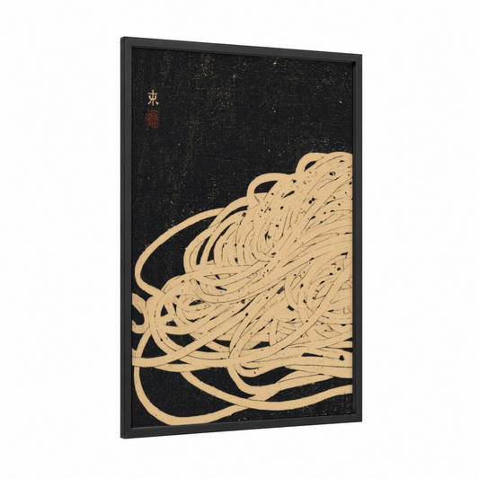 Noodle Flow framed pasta print — black wood frame — cream and black palette