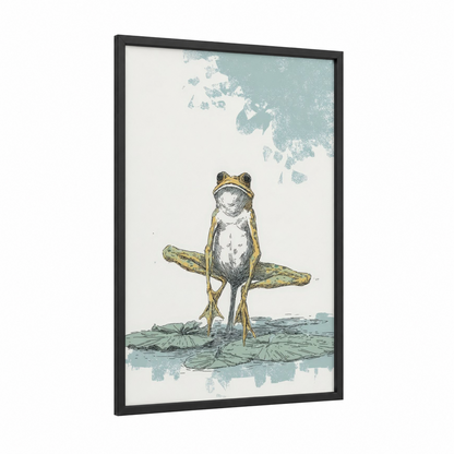 Contemplative Frog framed frogs and toads print — black wood frame — teal and cream palette