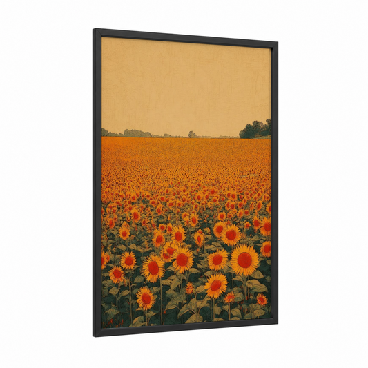Golden Sunflower Field framed art print — black wood frame — yellow gold and orange palette