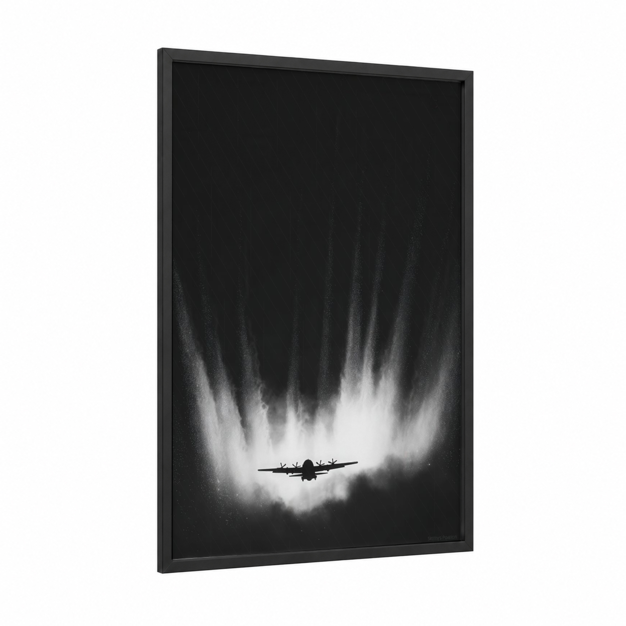 Vapor Ascent framed military plane print — black wood frame — black and white and gray palette