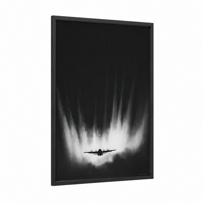 Vapor Ascent framed military plane print — black wood frame — black and white and gray palette