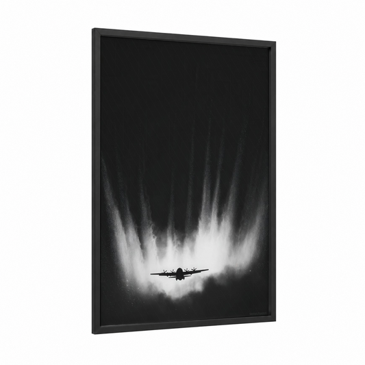 Vapor Ascent framed military plane print — black wood frame — black and white and gray palette