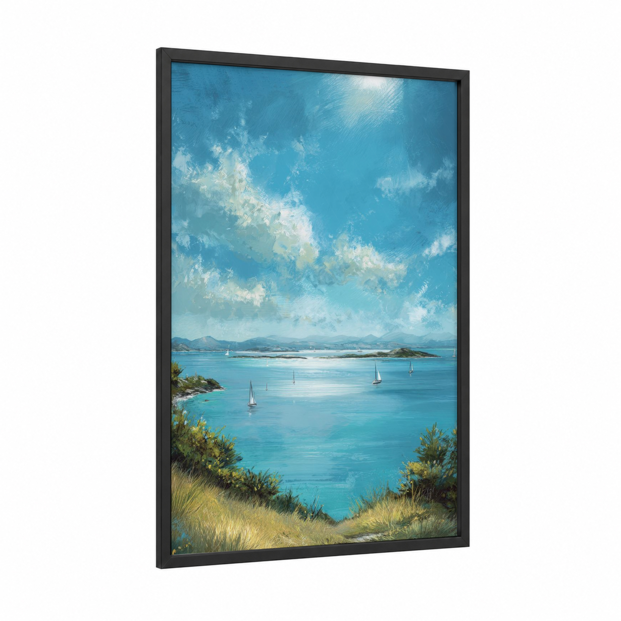 Turquoise Coastal Seascape framed seascapes and ocean print — black wood frame — blue and turquoise palette