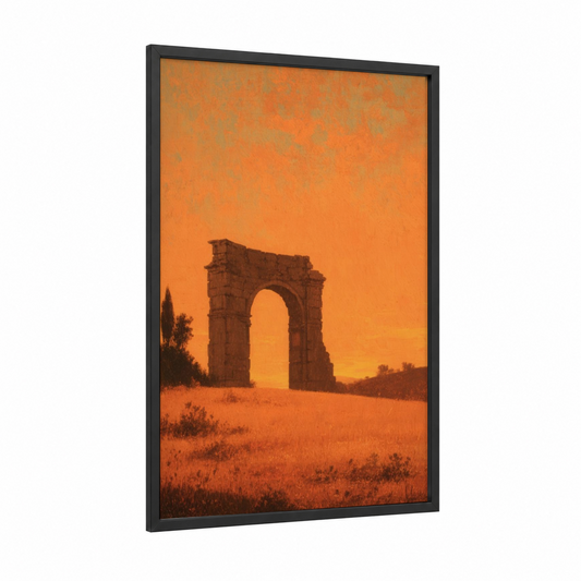 Golden Gate Ruins framed art print — black wood frame — pumpkin and gold palette