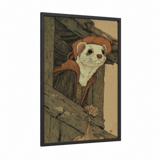 Curious Weasel framed art print — black wood frame — cream and russet palette