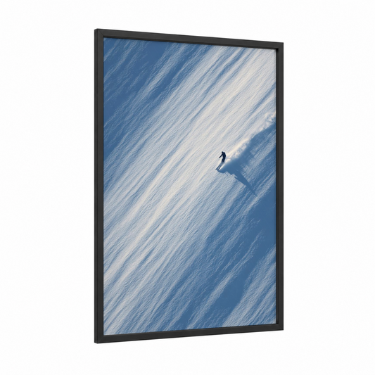 Alpine Descent framed skiing print — black wood frame — blue and white and gray and white palette