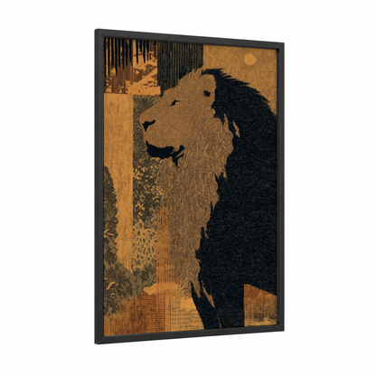 Majestic Leo framed art print — black wood frame — gold and black palette