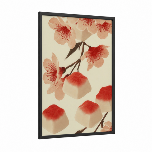 Cherry Blossom Sweets framed art print — black wood frame — peach and red palette