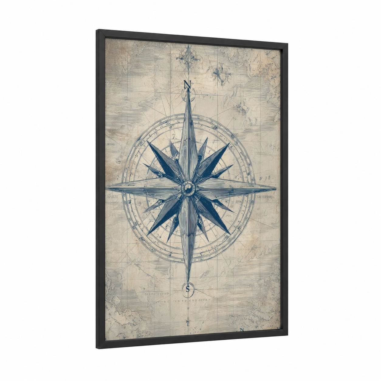 Vintage Compass Rose framed art print — black wood frame — blue and cream palette