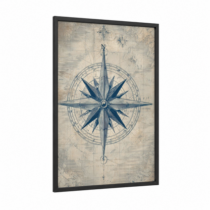 Vintage Compass Rose framed art print — black wood frame — blue and cream palette