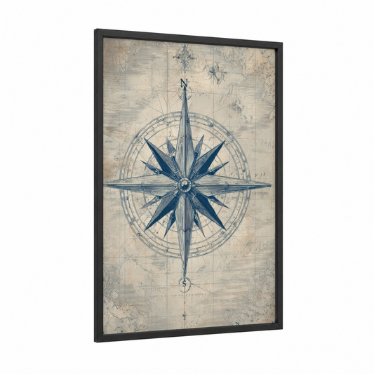 Vintage Compass Rose framed art print — black wood frame — blue and cream palette