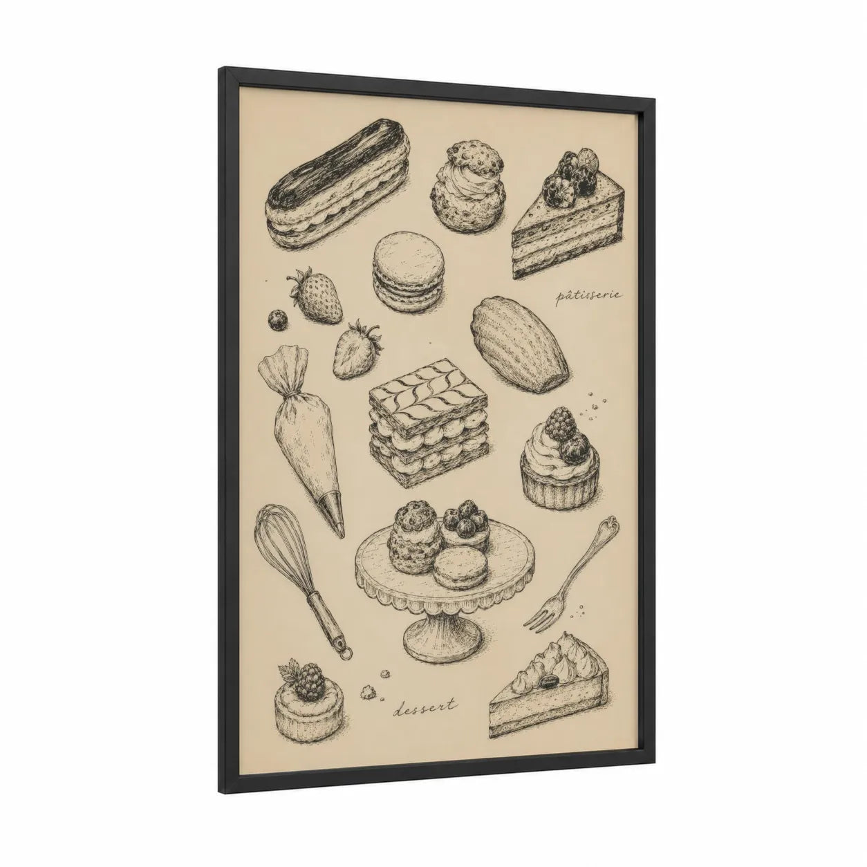 French Pastry Dessert Collection Wall Art framed food print — black wood frame — beige and black and white palette