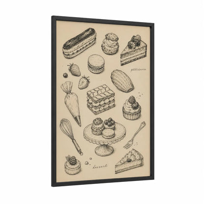 French Pastry Dessert Collection Wall Art framed food print — black wood frame — beige and black and white palette
