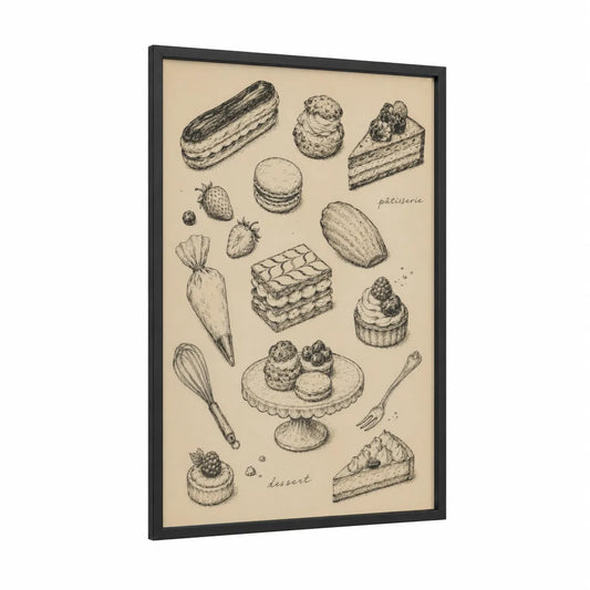 French Pastry Dessert Collection Wall Art framed food print — black wood frame — beige and black and white palette