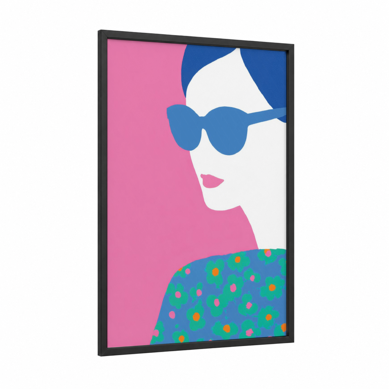 Fashion Pop Portrait framed fashion illustration print — black wood frame — pink and blue palette