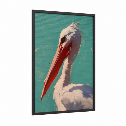 Crimson Pelican framed art print — black wood frame — turquoise and white palette