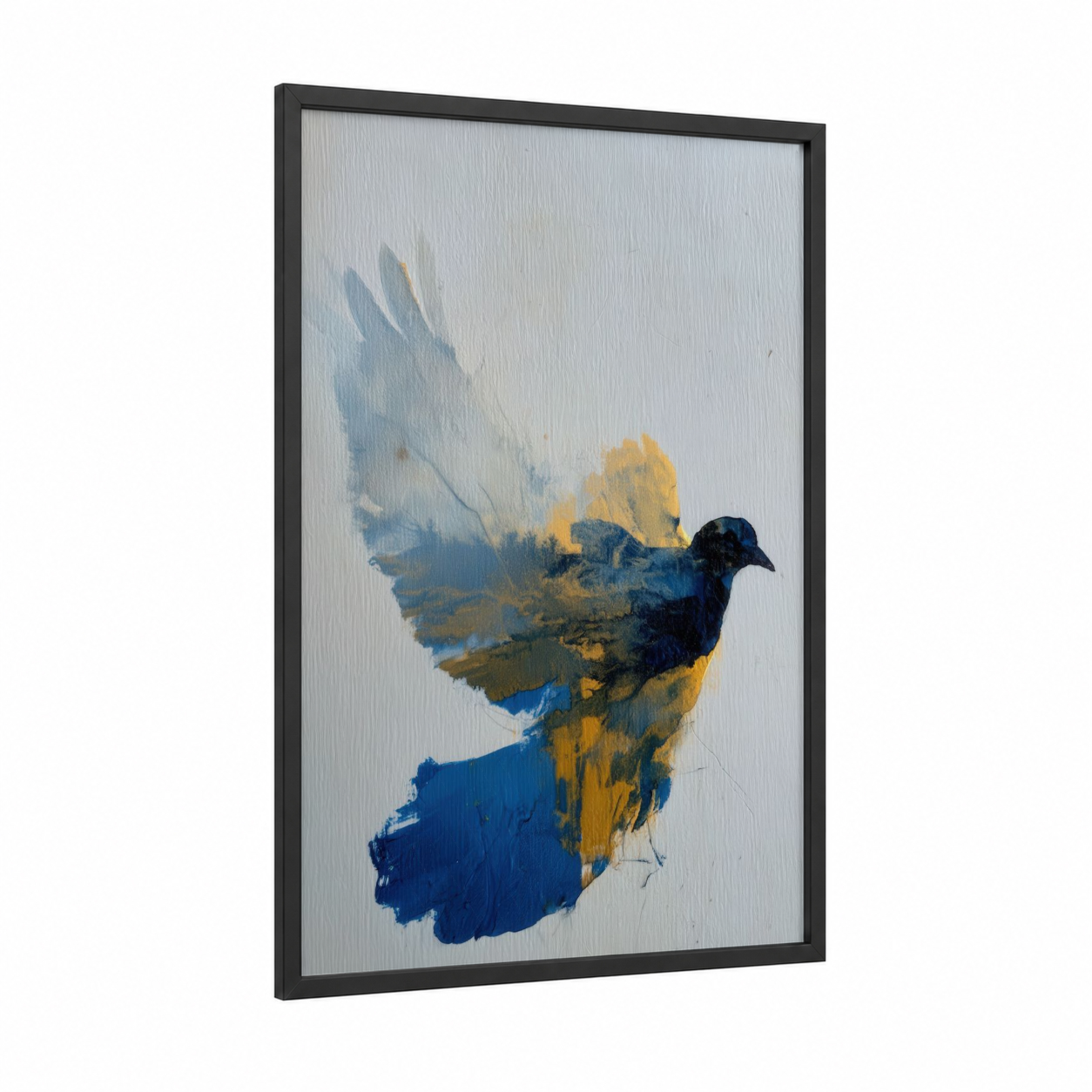 Bluebird Ascendant framed dove print — black wood frame — blue and gold palette