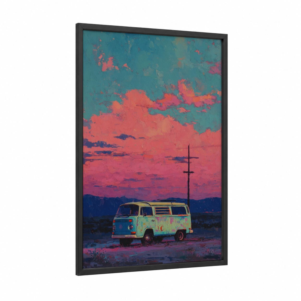 Desert Dreamer Van framed art print — black wood frame — teal and salmon pink palette