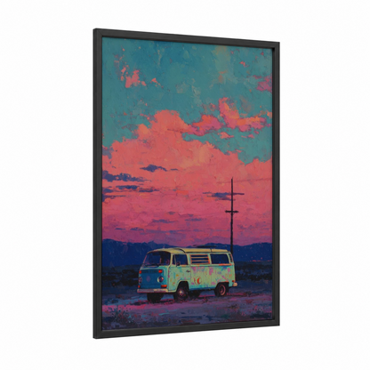 Desert Dreamer Van framed art print — black wood frame — teal and salmon pink palette