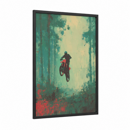 Red Motocross Jump framed art print — black wood frame — teal and red palette