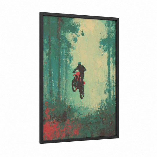 Red Motocross Jump framed art print — black wood frame — teal and red palette