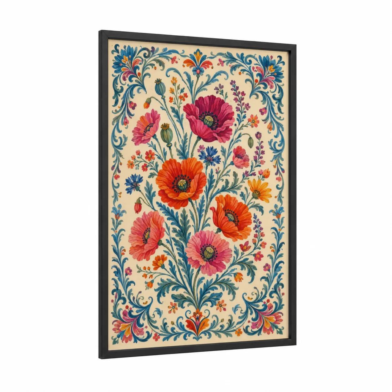 Ornate Poppy Garden Wall Art framed poppies print — black wood frame — cream and orange palette
