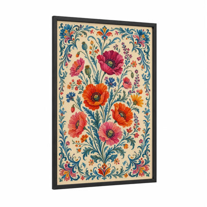 Ornate Poppy Garden Wall Art framed poppies print — black wood frame — cream and orange palette