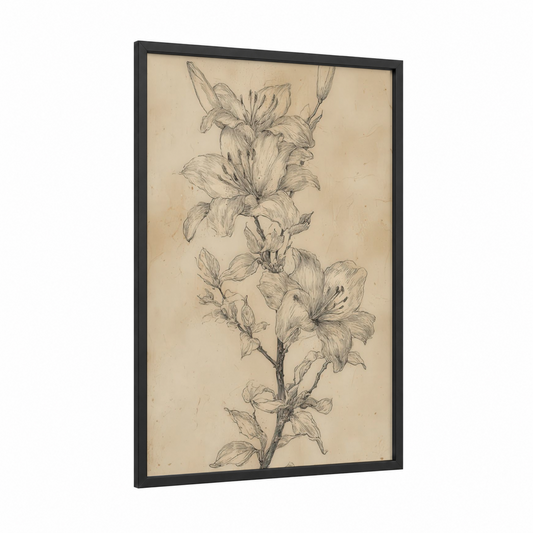 Botanical Lily Sketch framed art print — black wood frame — beige and black and white palette