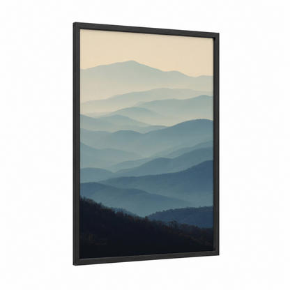 Misty Blue Ridge framed blue ridge mountains print — black wood frame — blue and cream palette