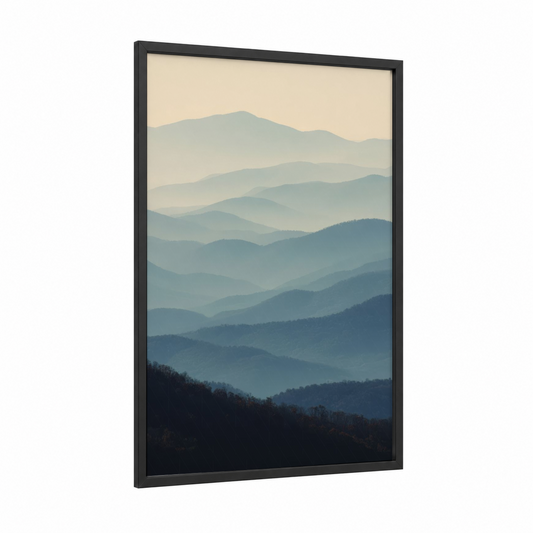 Misty Blue Ridge framed blue ridge mountains print — black wood frame — blue and cream palette