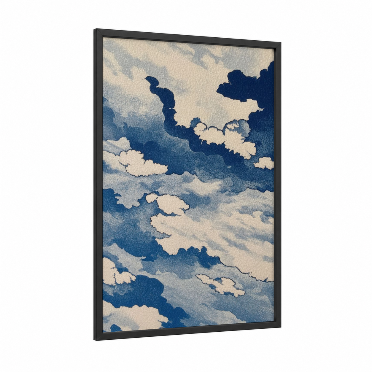 Ethereal Cloud Layers framed abstract classic print — black wood frame — blue and white and gray palette