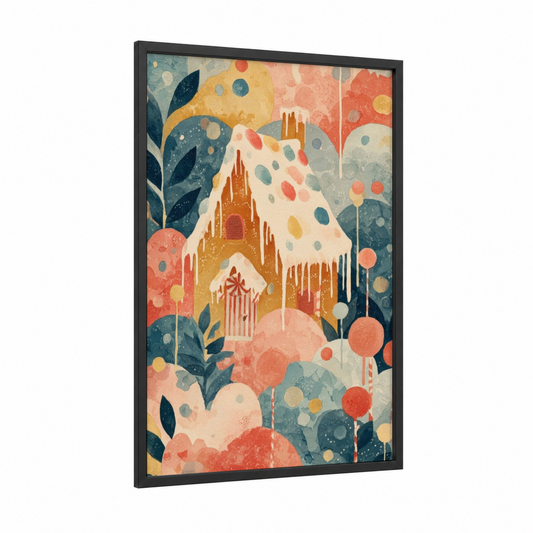 Gingerbread House framed sweet print — black wood frame — peach and teal palette