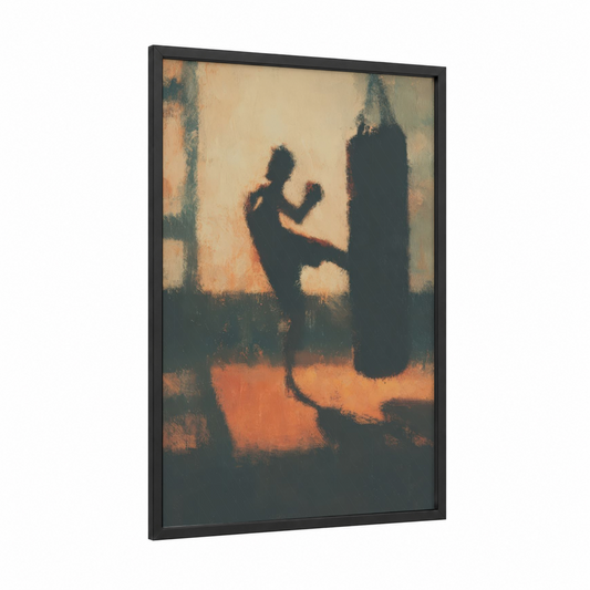 Shadowed Striker framed kick boxing print — black wood frame — peach and black palette