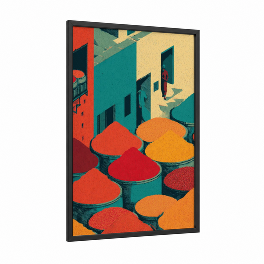 Spice Market framed herbs and spices print — black wood frame — orange and teal palette