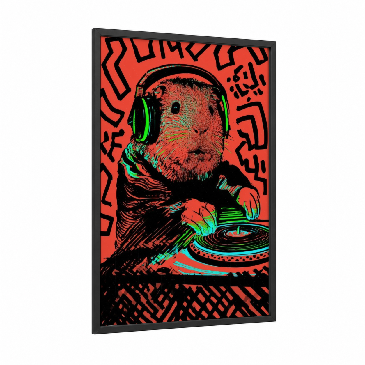 DJ Guinea Pig framed art print — black wood frame — magenta and lime green palette