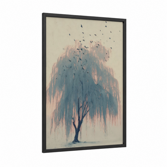 Weeping Willow Dawn framed willow tree print — black wood frame — peach and blue palette